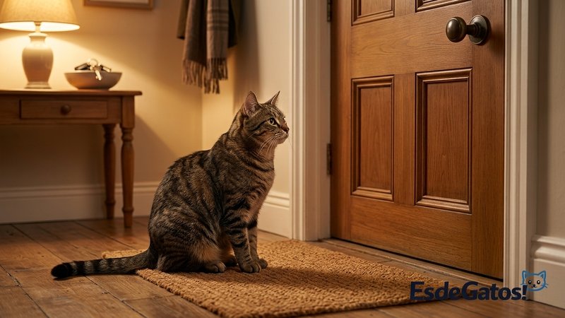 Un gato observando con cautela desde un rincón del salón a un visitante recién llegado que aparece desenfocado al fondo