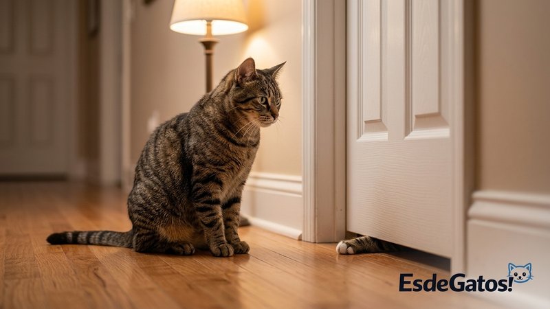 Un gato atigrado sentado frente a una puerta blanca cerrada en un pasillo hogareño de luz cálida, con una patita asomand