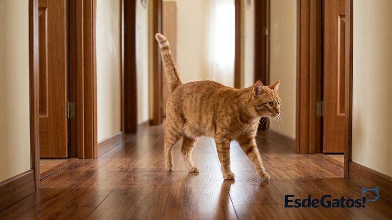 Un gato naranja recorriendo con paso atento un pasillo de casa junto a varias puertas, patrullando su territorio con la