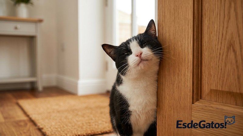 Un gato blanco y negro frotando su mejilla contra el marco de una puerta abierta en un recibidor cálido, marcando con fe