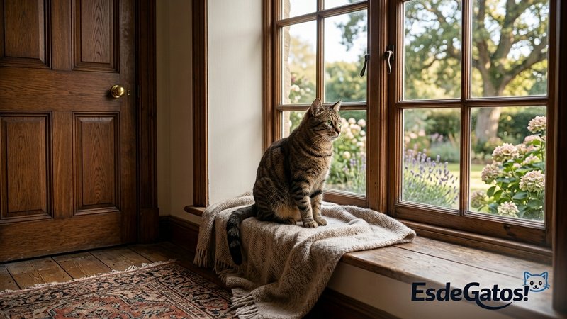 Un gato atigrado sentado dentro de una habitación cálida junto a una puerta cerrada, mirando con calma hacia una ventana
