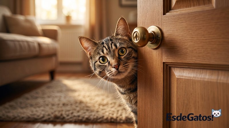 Un gato curioso asomando la cabeza por una puerta entreabierta en un hogar cálido, con los ojos muy atentos vigilando lo