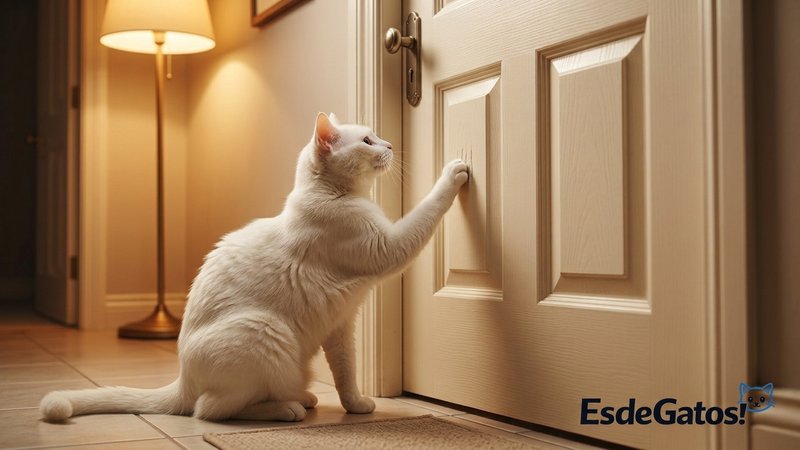 Un gato blanco esperando sentado frente a la puerta cerrada de un baño hogareño, rascando suavemente la madera con una p