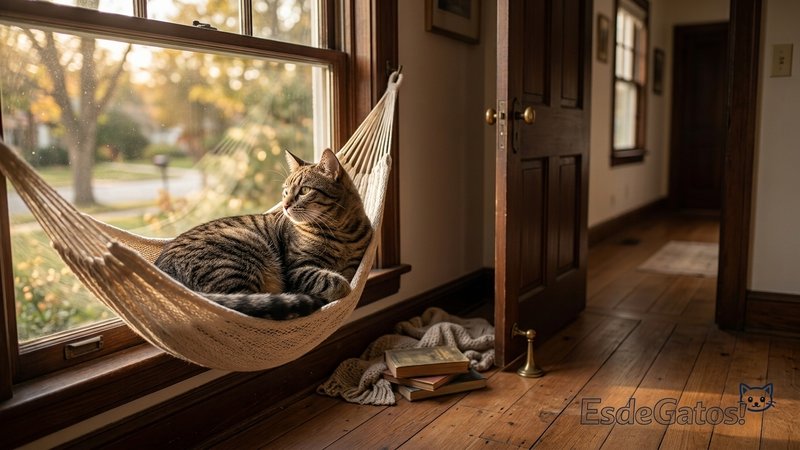 Un gato atigrado descansando en una cómoda hamaca junto a una ventana en un salón cálido, contemplando el exterior mient