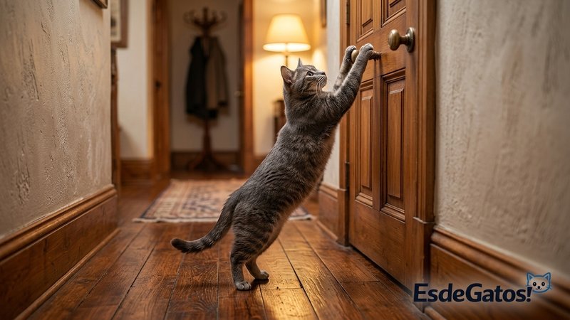 Un gato gris estirado alcanzando con las patas el picaporte de una puerta de madera en un pasillo hogareño, intentando a
