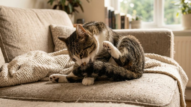 Un gato de pelo corto mordisqueándose la base de la cola sobre un sofá acogedor, gesto de picor evidente, luz de tarde t