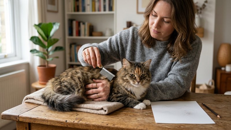 Una persona pasando un peine fino por el pelaje de un gato junto a un papel blanco sobre una mesa de madera, gesto de re