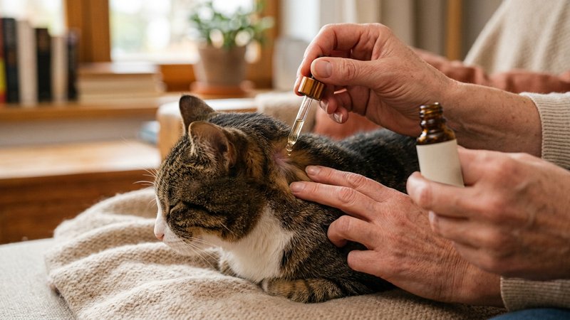 Unas manos aplicando con delicadeza un tratamiento en la nuca de un gato tranquilo, primer plano cuidadoso, fondo hogare