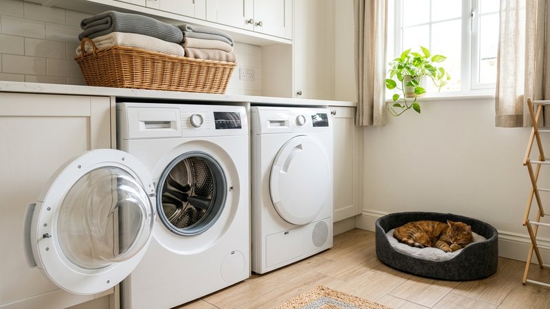 Una lavadora abierta con mantas y una cama de gato dobladas cerca en un cuarto de lavado luminoso, ambiente doméstico or