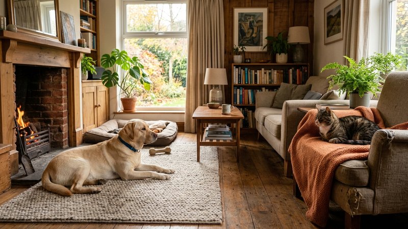 Un perro y un gato conviviendo en un mismo salón hogareño manteniendo cierta distancia, ambiente acogedor en tonos cálid