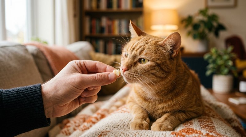 Una mano humana ofreciendo una miga diminuta de queso a un gato naranja que la olfatea con curiosidad, salón hogareño de