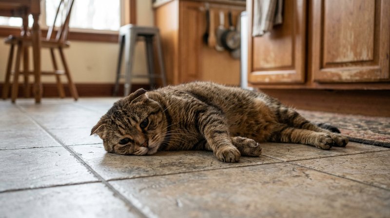Un gato marrón tumbado de lado sobre el suelo frío de una cocina, con aspecto decaído y las orejas bajas, ambiente hogar