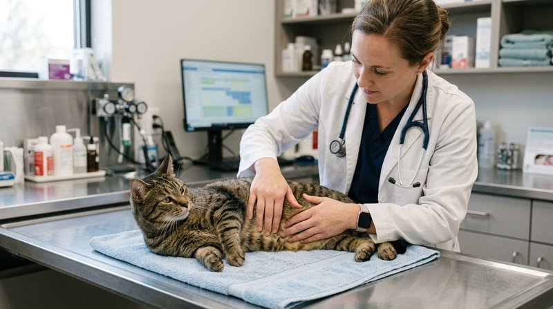 Una veterinaria con bata palpando con suavidad el abdomen de un gato atigrado sobre la mesa de una consulta, ambiente cl