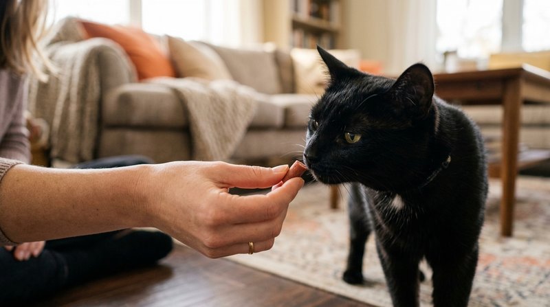 La palma de una mano sosteniendo un pequeño premio blando para gatos mientras un gato negro se acerca a olerlo, salón ho