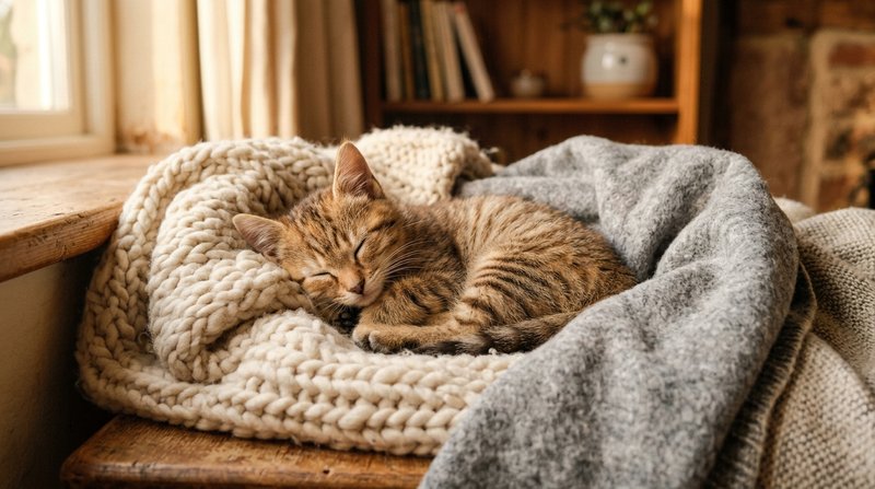 Un gatito pequeño acurrucado entre mantas suaves en un rincón templado y seguro de la casa, protegido y calentito, con e