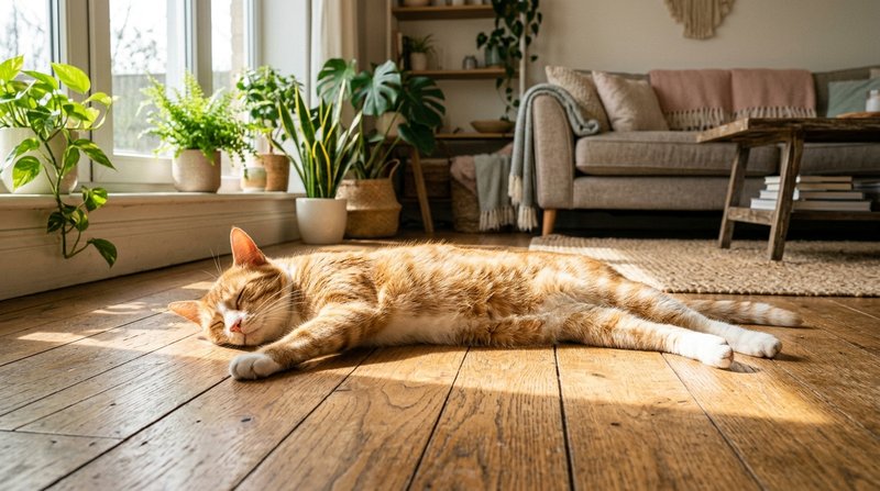 Un gato estirándose relajado dentro de un rayo de sol que cruza el suelo de madera de un salón luminoso, disfrutando del