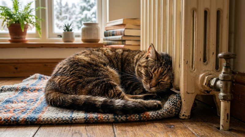 Un gato dormido y profundamente relajado, hecho un ovillo muy pegado a un radiador templado de una casa acogedora, en ac