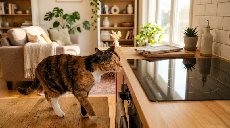 Un gato curioso acercándose con cautela a olfatear una estufa eléctrica moderna en el salón de una casa, con las orejas