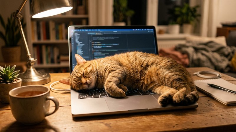 Un gato acostado cómodamente sobre el teclado de un ordenador portátil tibio en un escritorio de casa, con gesto satisfe