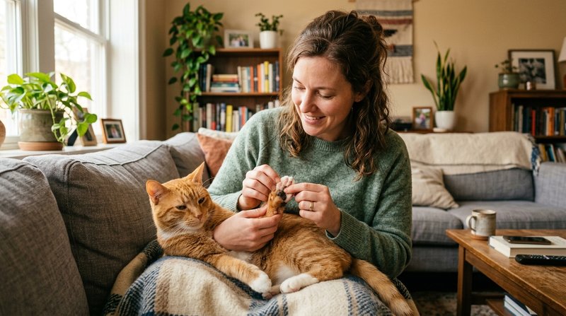 Una persona revisando con cariño y delicadeza la patita de su gato en el salón de casa, sosteniendo la almohadilla con s