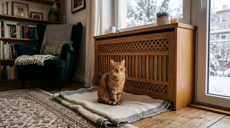 Un gato sentado tranquilo frente a un radiador de casa protegido por una rejilla o cubierta de madera, recibiendo el cal