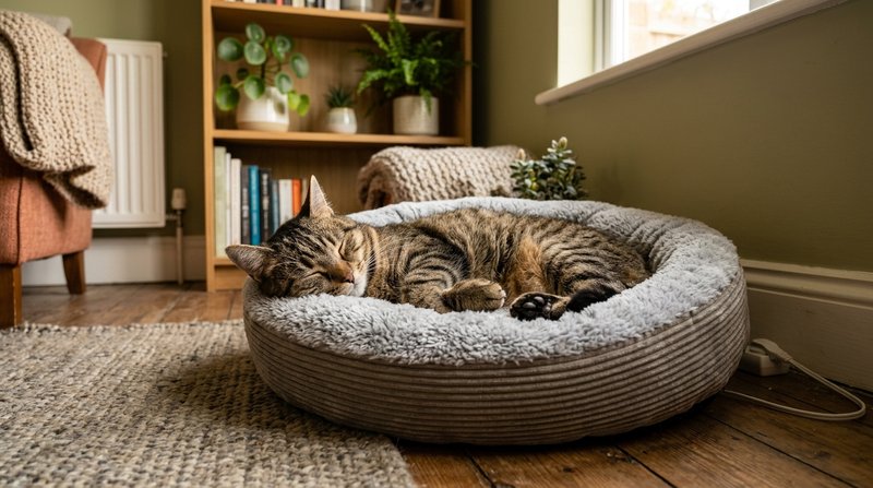 Un gato durmiendo cómodamente sobre una cama térmica mullida para mascotas colocada en un rincón acogedor de la casa, le