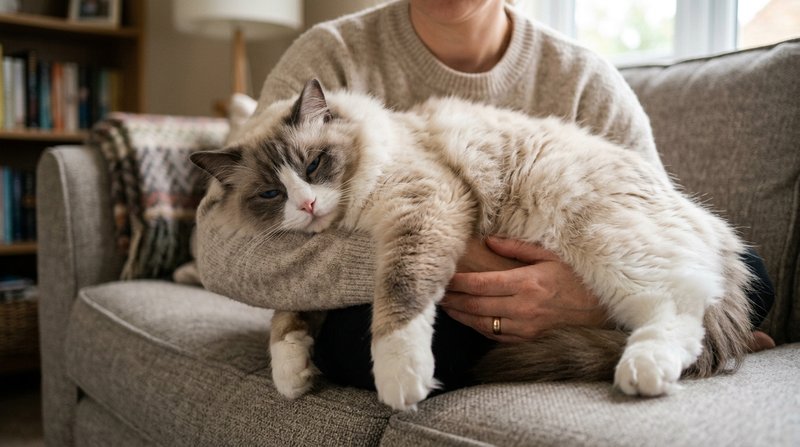 Un gato ragdoll grande de ojos azules completamente relajado en los brazos de una persona sentada en un sofá, con el cue