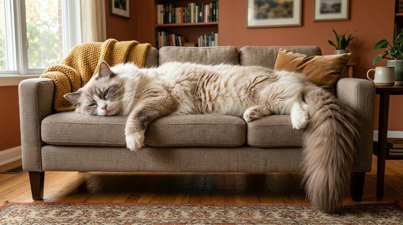 Un gato ragdoll enorme tumbado a lo largo ocupando todo un sofá, cuerpo alargado, patas robustas y una cola espesa colga