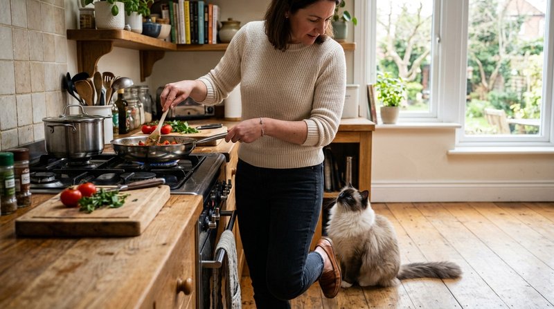 Un gato ragdoll de ojos azules sentado a los pies de una mujer en la cocina de una casa, mirándola hacia arriba con aten