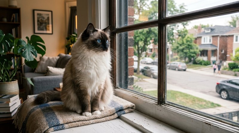 Un gato ragdoll grande de ojos azules sentado en el alféizar interior de una ventana cerrada, mirando la calle desde den
