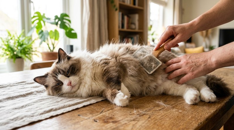 Unas manos cepillando con un peine el pelaje semilargo de un gato ragdoll tumbado y tranquilo sobre una mesa de madera,