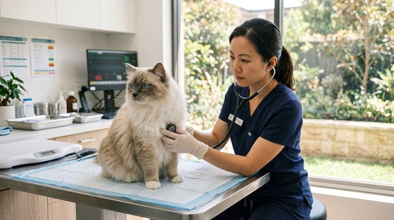 Una veterinaria auscultando con un fonendoscopio a un gato ragdoll grande de ojos azules sobre una mesa de consulta junt