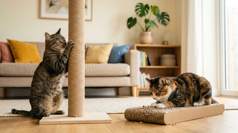 Dos gatos en un mismo salón luminoso usando cada uno un rascador distinto, uno en un poste vertical y otro en un rascado