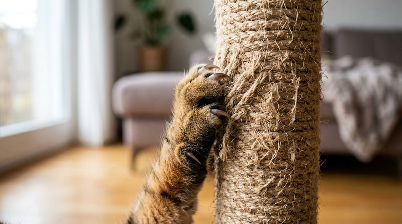 Un primer plano de las garras de un gato clavadas en la superficie de un rascador de sisal, mostrando las uñas afiladas