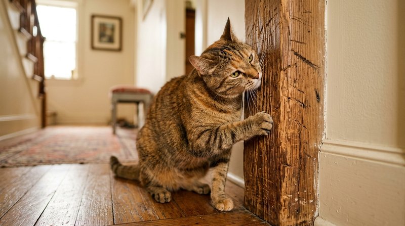 Un gato frotando y rascando un poste vertical para marcar su territorio en un rincón de paso del hogar, dejando surcos v