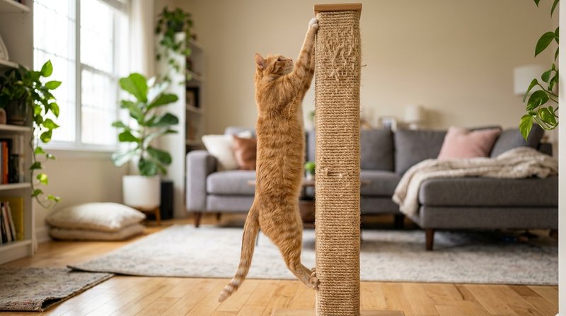 Un gato estirado por completo sobre un alto poste rascador vertical de sisal, alcanzando lo más arriba que puede con las