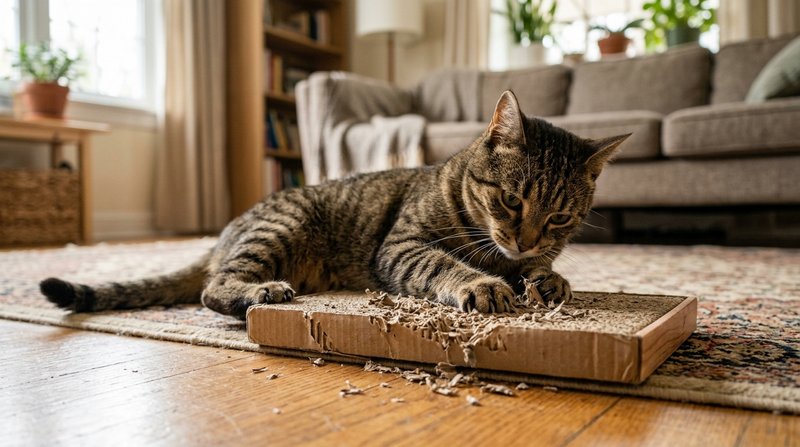 Un gato tumbado rascando hacia abajo un rascador horizontal de cartón corrugado colocado en el suelo de un salón, con la