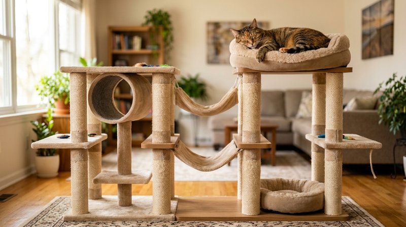 Un árbol rascador completo con varios postes de sisal, plataformas y camas a distintas alturas, con un gato descansando