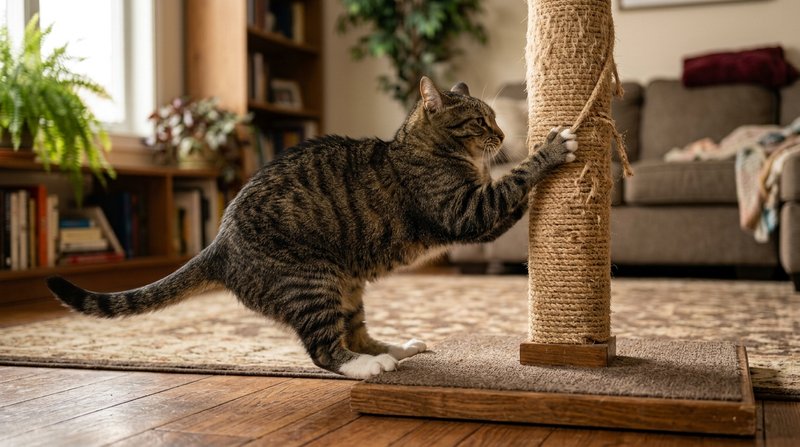 Un gato clavando las garras en un poste rascador robusto y de base ancha, tirando con fuerza hacia atrás con todo su pes
