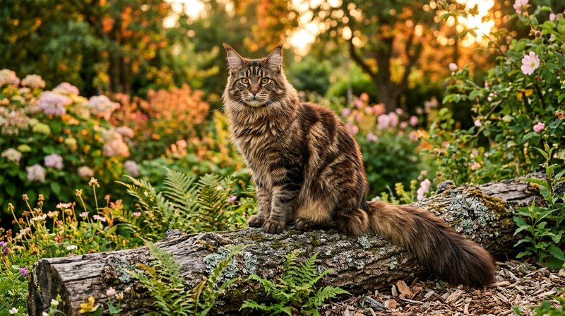 Un majestuoso gato Maine Coon de pelaje semilargo marrón atigrado, con mechones en las orejas y una cola larga y espesa