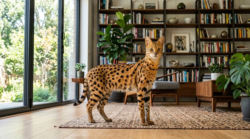 Un esbelto gato Savannah alto y atlético de patas largas, pelaje dorado con manchas oscuras y grandes orejas erguidas, d