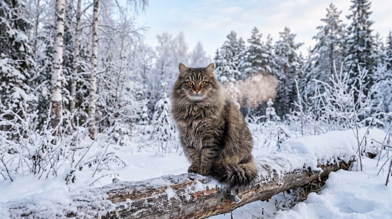 Un fuerte gato Siberiano de manto de pelo abundante y triple, sentado sobre un tronco cubierto de nieve en un paisaje ru