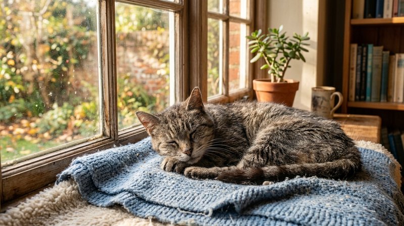 Un gato muy viejito de pelaje algo apagado dormitando plácidamente en una manta suave junto a una ventana soleada, con g