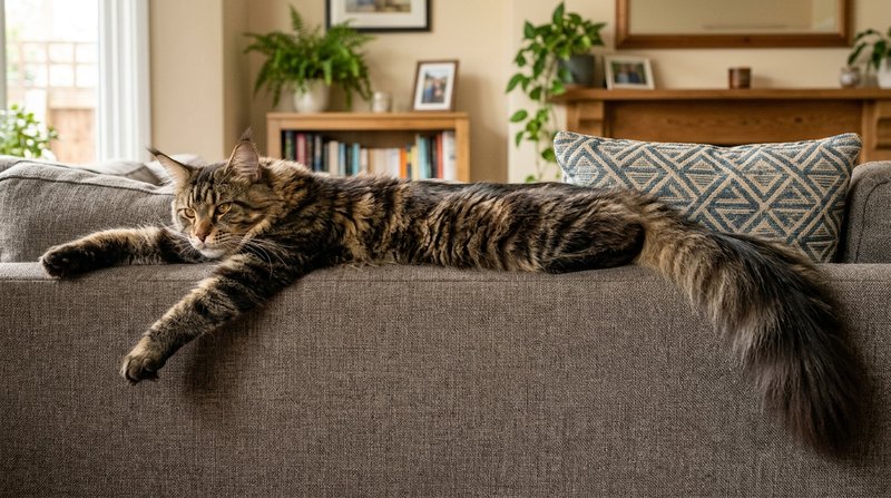 Un enorme gato Maine Coon estirado por completo cuan largo es sobre el respaldo de un sofá amplio, mostrando su cuerpo a