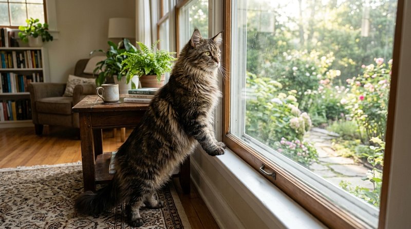 Un imponente gato Maine Coon erguido sobre sus patas traseras asomándose a una ventana alta, alcanzando la altura de una