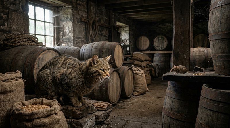 Un gato cazador atento y musculoso agazapado entre barriles de madera y sacos en el almacén rústico de una vieja destile