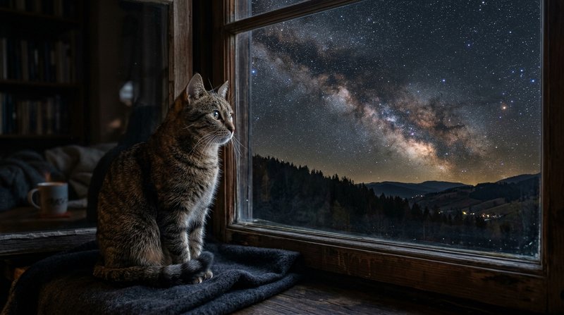 Un gato sentado junto a una gran ventana por la noche contemplando un cielo estrellado inmenso, con la luz de las estrel