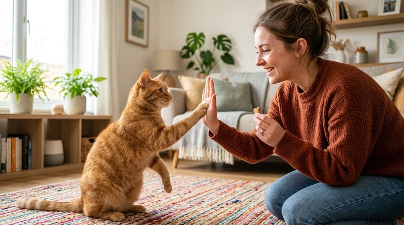 Un gato listo chocando la patita con la mano abierta de su dueña durante una sesión de trucos en un salón luminoso, con