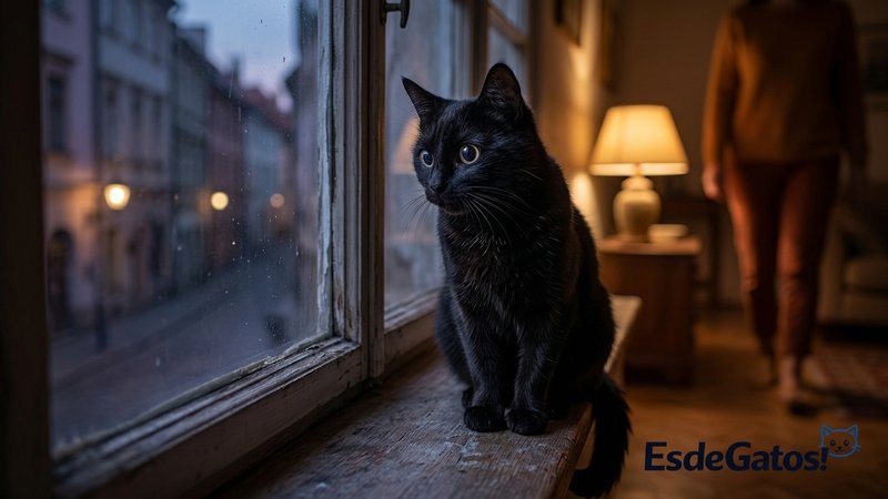 Un gato negro alerta junto a una ventana en penumbra al anochecer, con las pupilas dilatadas siguiendo un movimiento lev