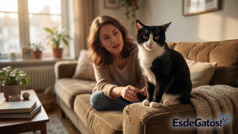 Un gato blanco y negro con las orejas giradas hacia su dueño que le habla con cariño desde el sofá, el felino atento al
